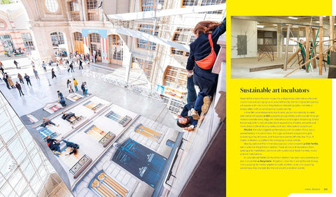 Large open indoor space with people and a yellow sidebar with text about sustainable art incubators.
