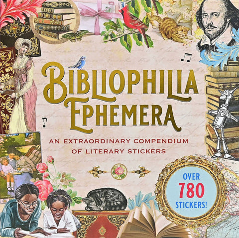 Cover of 'Bibliophilia Ephemera' with illustrations and text about literary stickers.