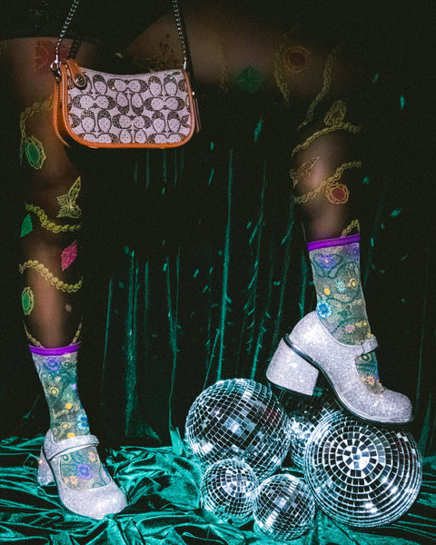 Jeweled Floral Gold Shimmer Sheer Crew Sock - Mint Museum Store