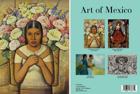 Note Card Set cover of 'Art of Mexico' with a painting of a woman holding flowers on the left and smaller images of other artworks on the right.
