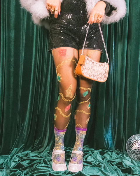 Jeweled Floral Gold Shimmer Sheer Crew Sock - Mint Museum Store