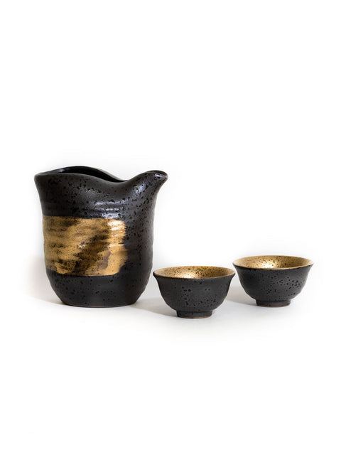 Black Kinmaki Mino Ware Japanese Sake Set by Yamai