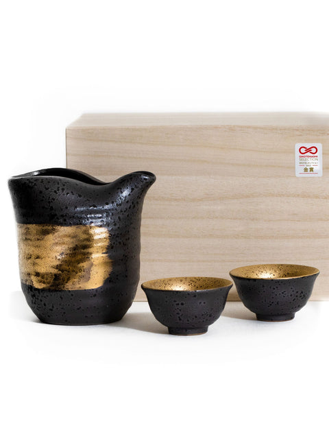 Black Kinmaki Mino Ware Japanese Sake Set by Yamai