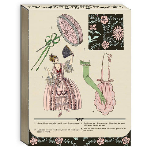 Vintage-style illustration on a notepad cover with a woman in a dress, umbrella, and other accessories.
