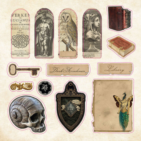 Stickers of vintage-style designs with books, a key, a skull, and decorative elements on a beige background.
