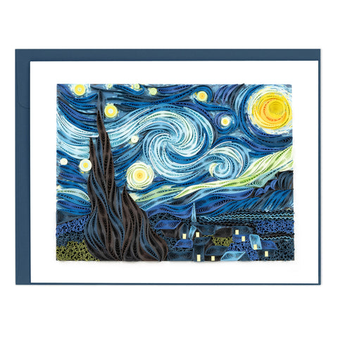 Quilling card resembling 'Starry Night' with swirling blue and yellow patterns.