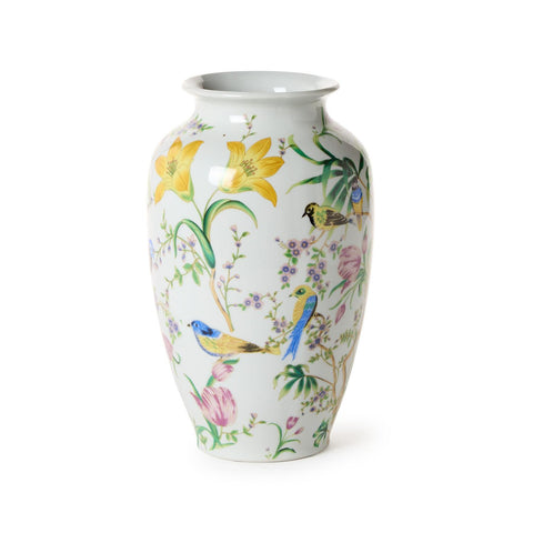 Decorative vase with floral and bird patterns on a white background
