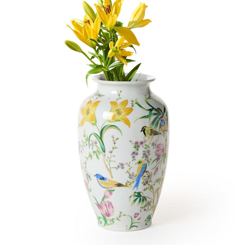 Decorative vase with floral and bird patterns on a white background
