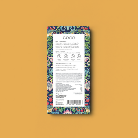 Chocolate bar packaging with floral design on a mustard yellow background
