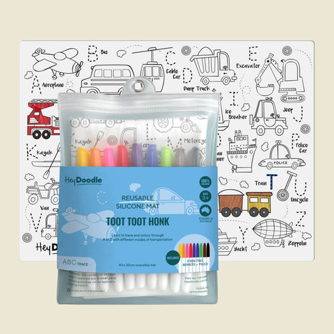 Packaging of HeyDoodle reusable silicone mat with colorful markers on a background with vehicle illustrations.
