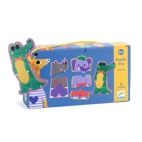 Children's puzzle set packaging with cartoon animals on a white background