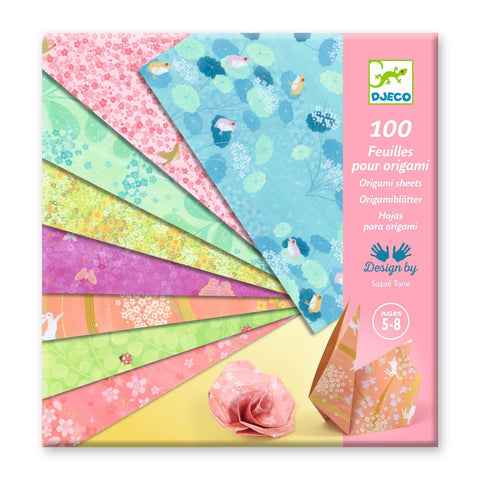 Pack of origami paper with colorful designs and Djeco branding.