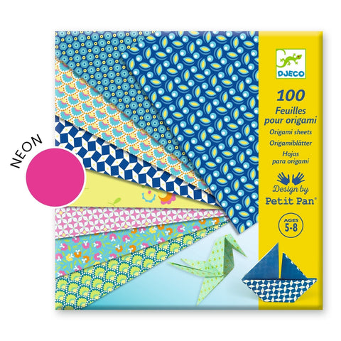 Pack of origami paper with colorful patterns and DJECO branding.