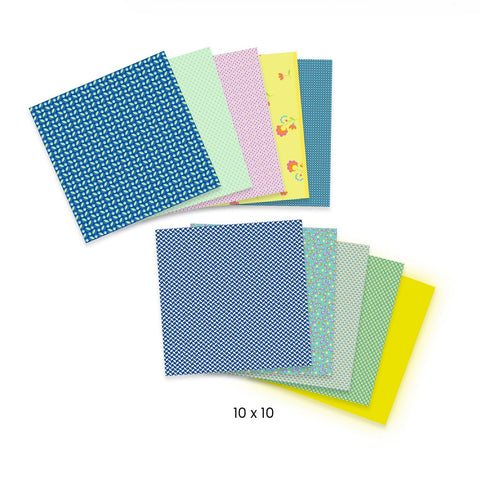 Set of colorful patterned paper sheets on a white background