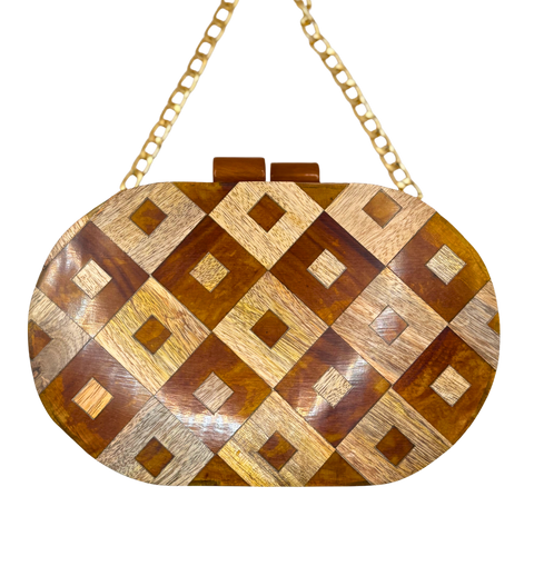 Wood Inlay Oval Box Clutch