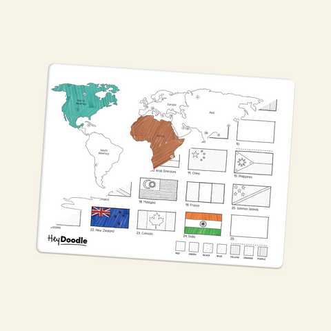 World map educational toy with colored continents on a white background