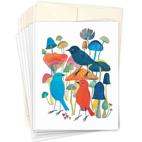 Stack of greeting cards with colorful birds and mushrooms design
