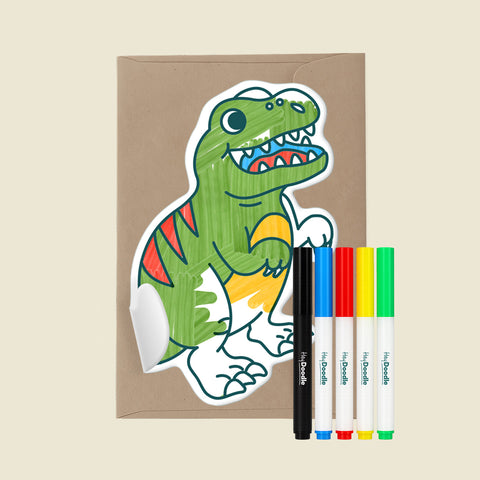 Colorful dinosaur card with markers on a beige background