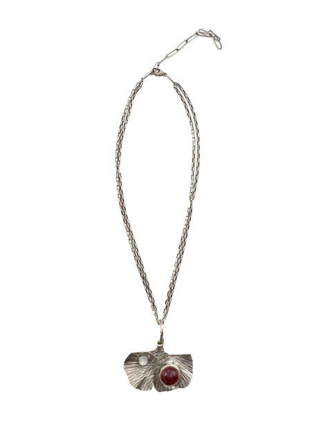 Ginkgo Pendant with Peachbloom Glazed Stone and Moonstone on Chain