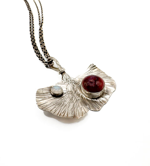 Ginkgo Pendant with Peachbloom Glazed Stone and Moonstone on Chain