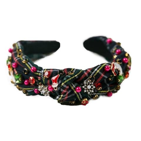 Fran Headband Black Plaid with Holiday Jewels