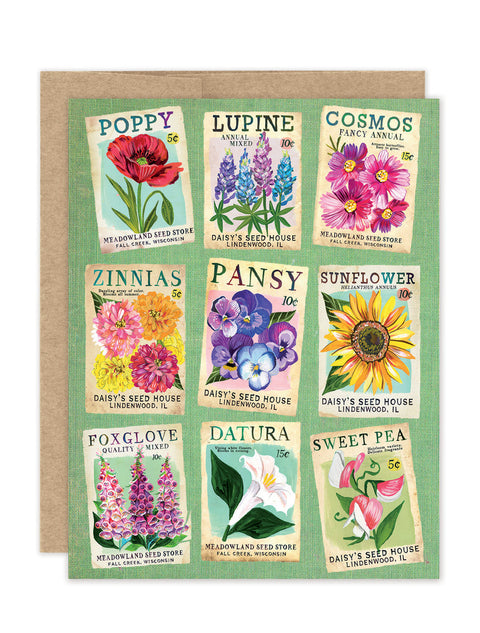 Card with vintage-style seed packet designs featuring colorful flowers on a green background.
