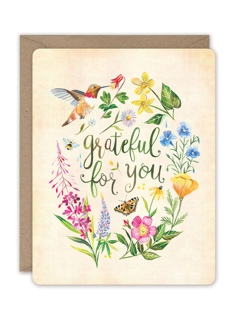Greeting card with floral design and 'grateful for you' text, featuring a brown envelope.