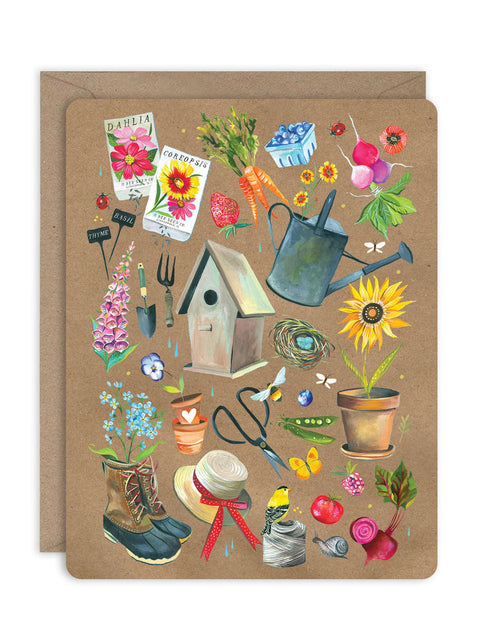 Gardening-themed greeting card with illustrations of tools, plants, and a birdhouse on a brown paper, with a white background.