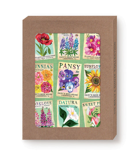 Brown box with colorful seed packet illustrations on a white background