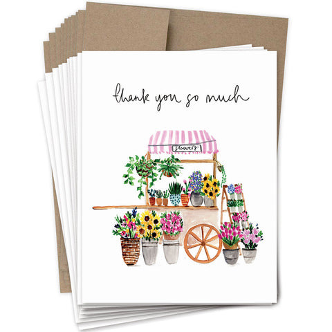 Stack of greeting cards with a floral cart illustration and 'thank you so much' text.