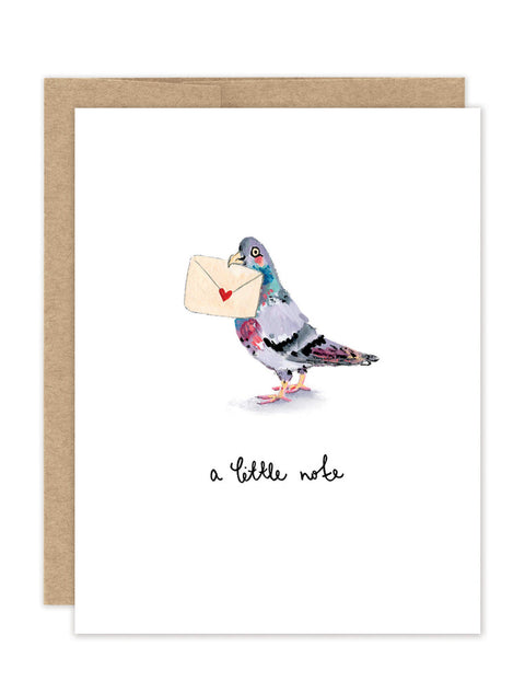 Greeting card with a pigeon holding an envelope and 'a little note' text on a white background.