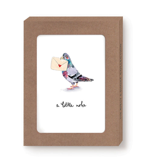 Notebook with a pigeon holding an envelope and the text 'a little note' on a white background.