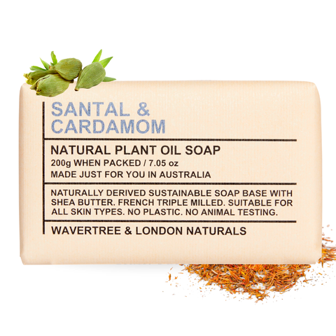 Bar of soap with 'Santal & Cardamom' fragrance, featuring Waertree & London Naturals branding.