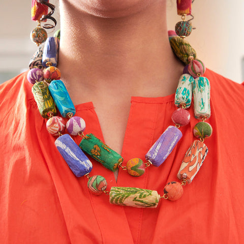 Cylindrical Kantha Long Necklace