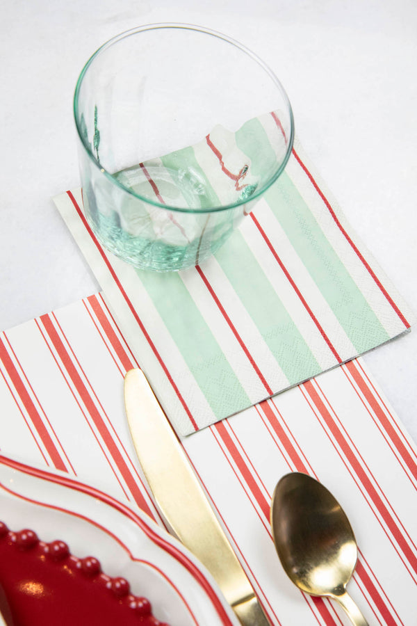 Seafoam and Red Awning Stripe Cocktail Napkins