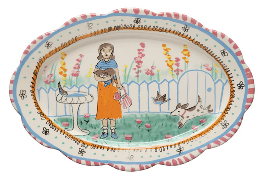 Decorative Ceramic Platter with Lady in Garden