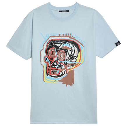 Light blue t-shirt with a colorful graphic design on a white background