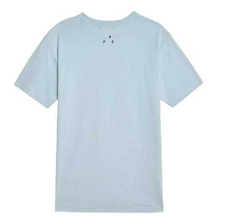 Light blue t-shirt with a logo on the back against a white background