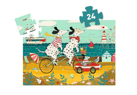 Jigsaw puzzle with two Dalmatian dogs on a beach scene, featuring a Ferris wheel and lighthouse.