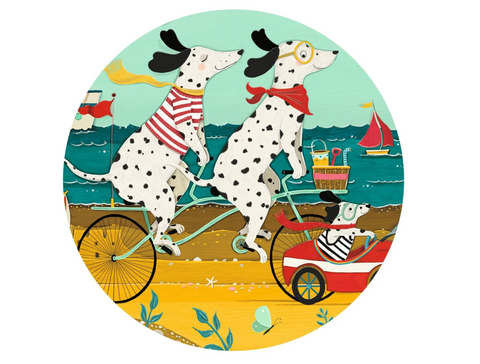 Illustration of two Dalmatian dogs riding bicycles with small dogs in carts against a beach background.