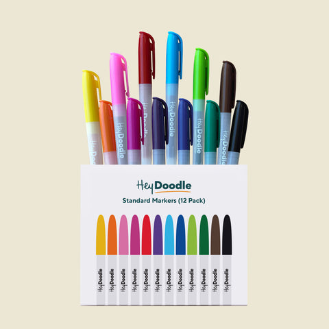 12-pack of Hey Doodle markers in various colors on a beige background