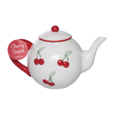 White teapot with red cherries and a red handle, featuring a 'Cherry Teapot' tag.