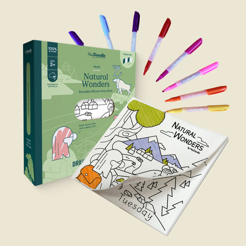 Coloring book and markers set with 'Natural Wonders' theme on a beige background