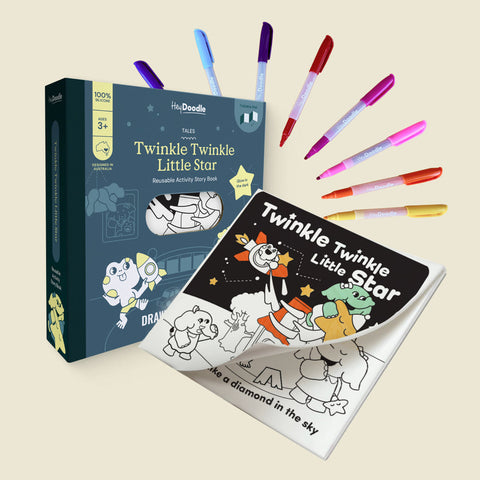 Coloring book titled 'Twinkle Twinkle Little Star' with markers on a beige background