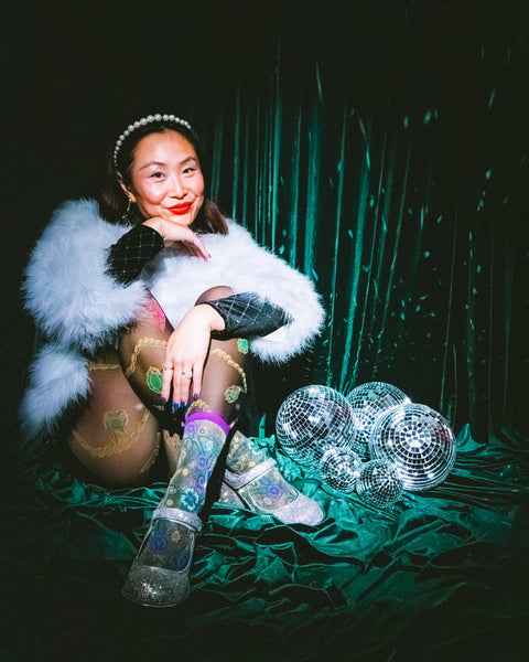 Jeweled Floral Gold Shimmer Sheer Crew Sock - Mint Museum Store