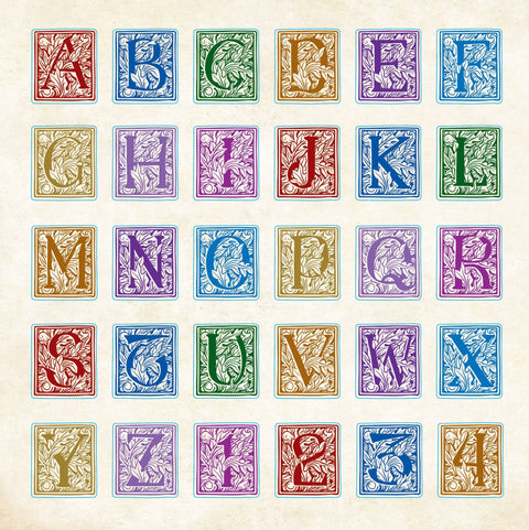Alphabet sticker letters from A to Z in various colors on a beige background