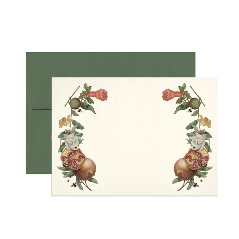 Floral and pomegranate design on a card with a matching green envelope.