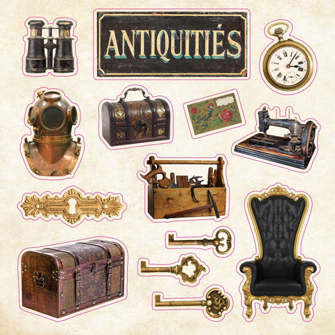 Stickers of vintage items including binoculars, diving helmet, sewing machine, and chair on a beige background with 'Antiquities' sign.