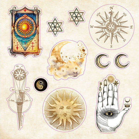 Collection of various celestial and esoteric symbols on a beige background