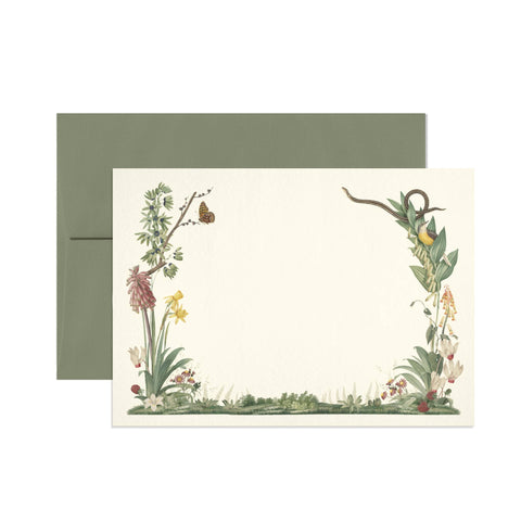 Greeting card with nature-themed design and matching envelope on a white background